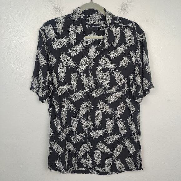 AllSaints Firebase Pineapple Print Shirt Men Medium Black White Button Up Cotton - Picture 1 of 6